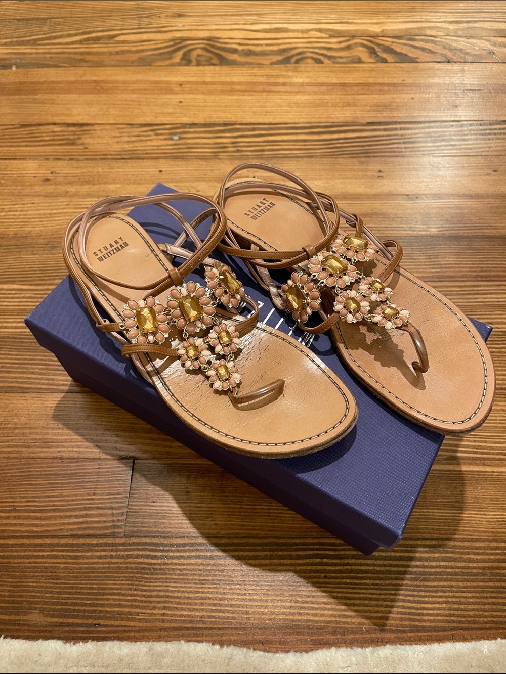 Stuart Weitzman Tan Leather Floral Bead Toe-Loop Sandals